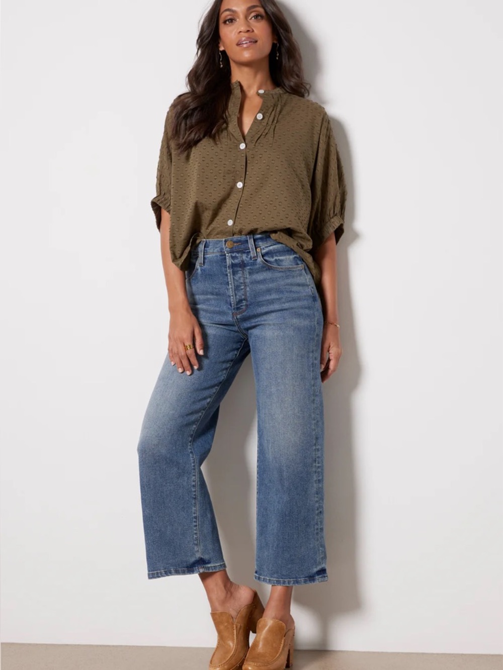 Emerson Fry Mandarin Collar Top in Moss - Picture 3 of 9